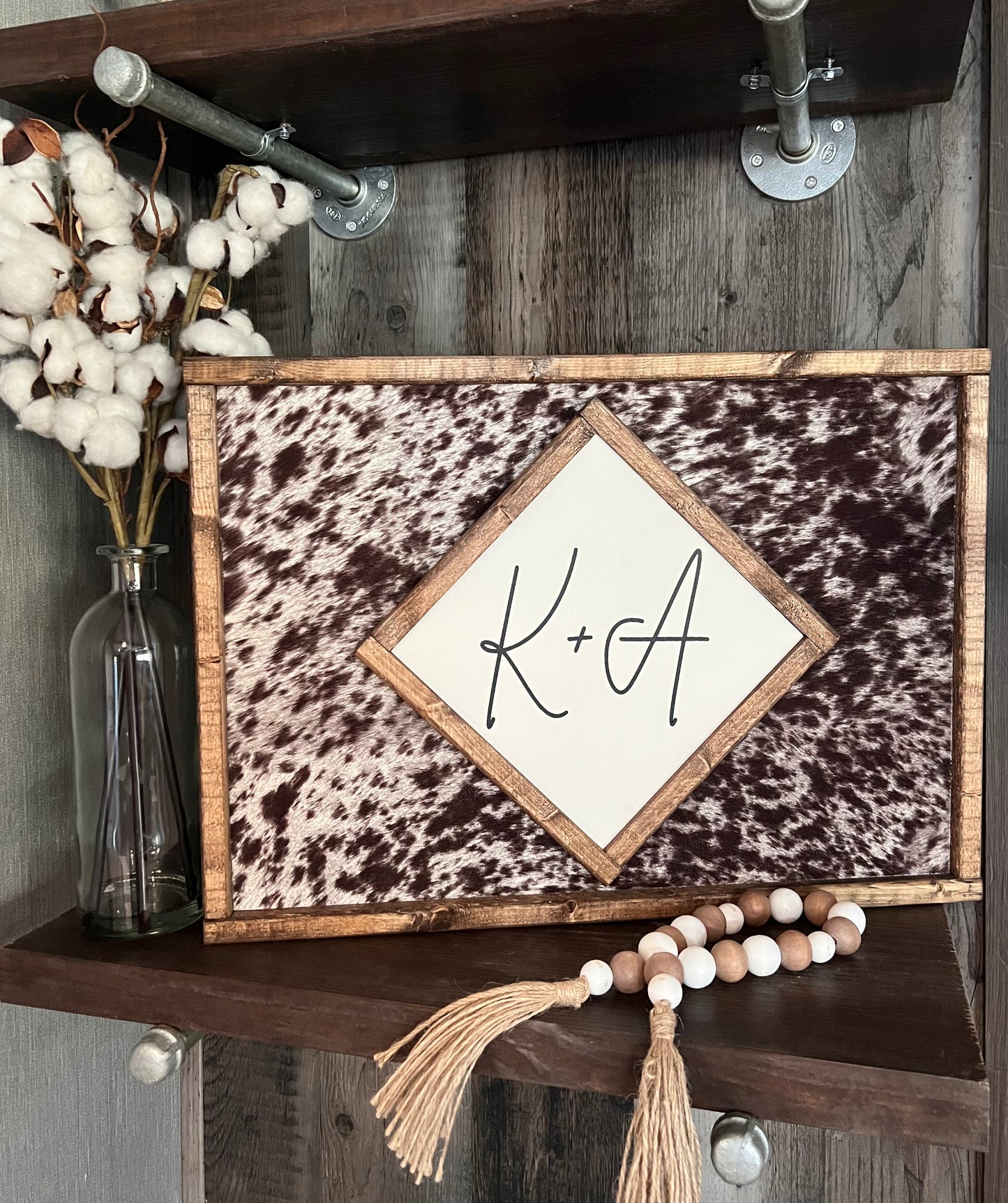 Cowhide wooden sign - Cowhide Initial or last name sign