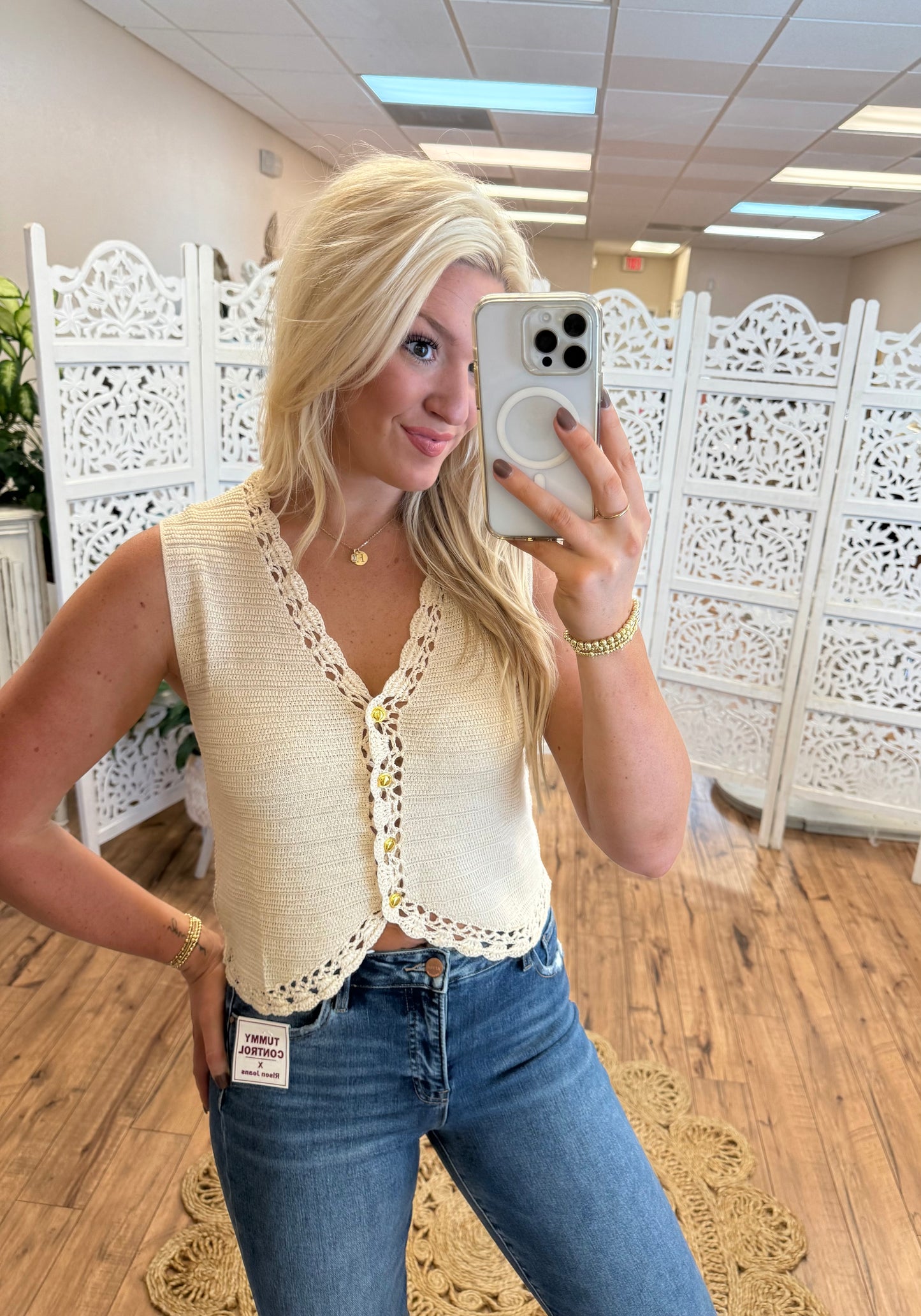 Crochet Trim Button Down Vest