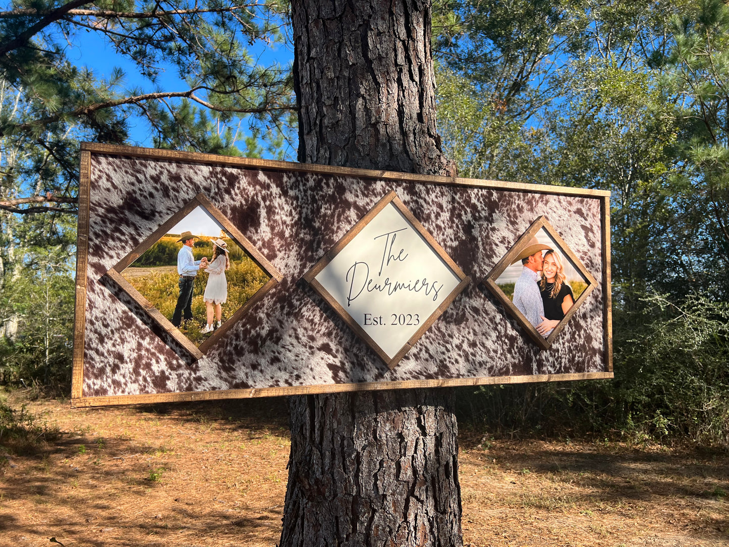 Cowhide photo/last name wooden sign - Cowhide Sign