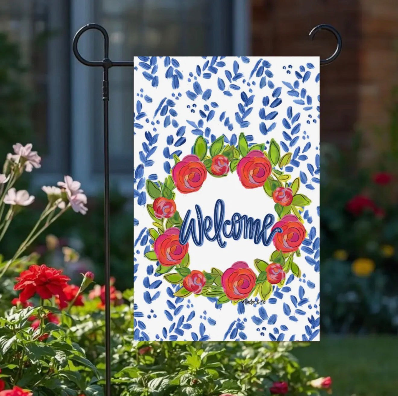Garden flag welcome -red flower