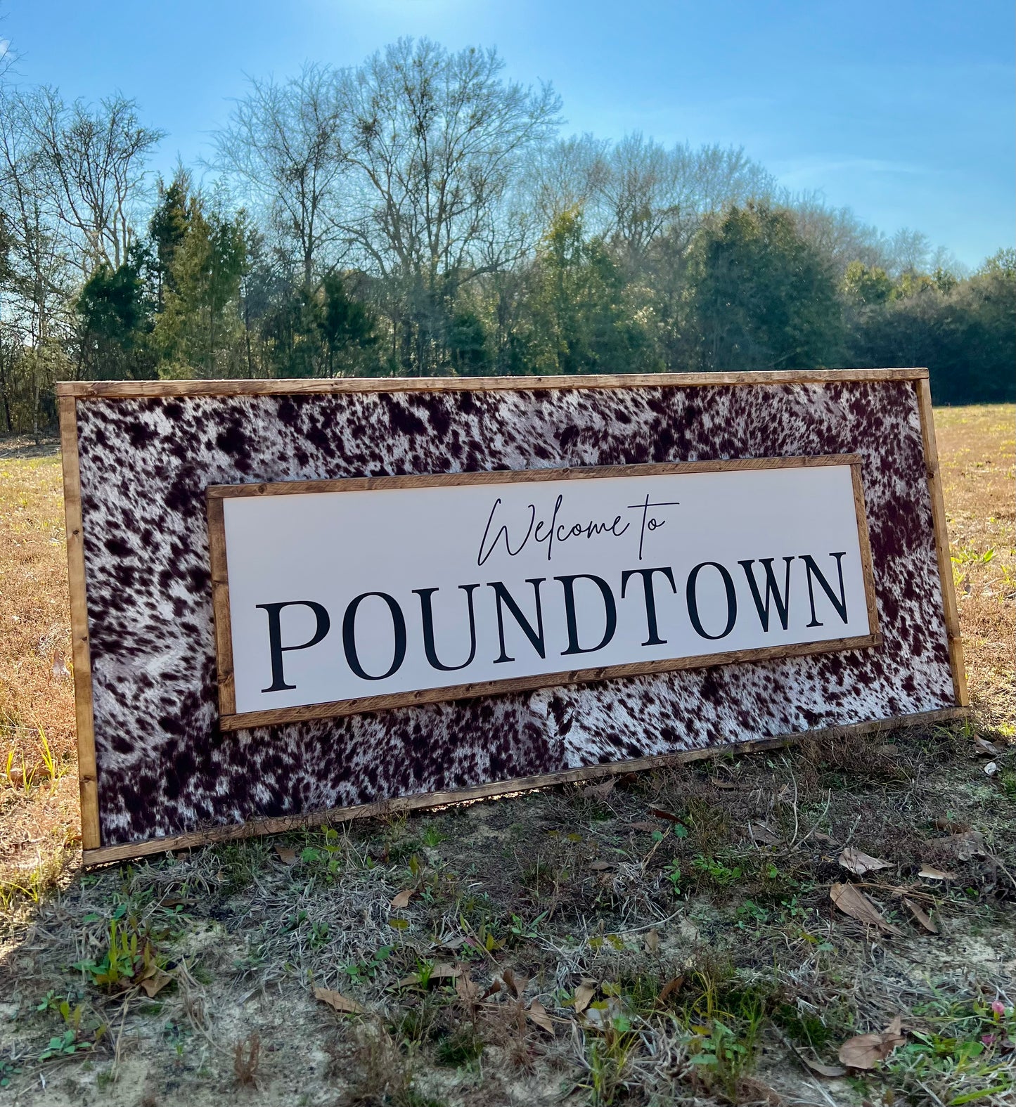 Welcome to pound town - cowhide wooden sign - cowhide sign - over the bed decor - bedroom decor -