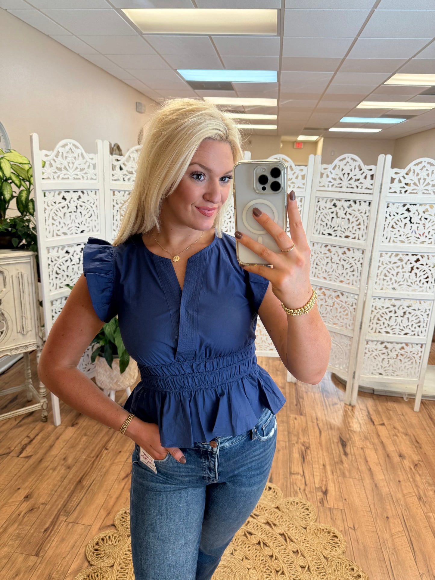 Navy Ruffle Top