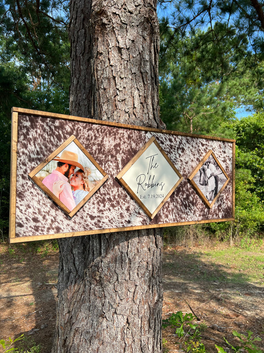 Cowhide photo/last name wooden sign - Cowhide Sign
