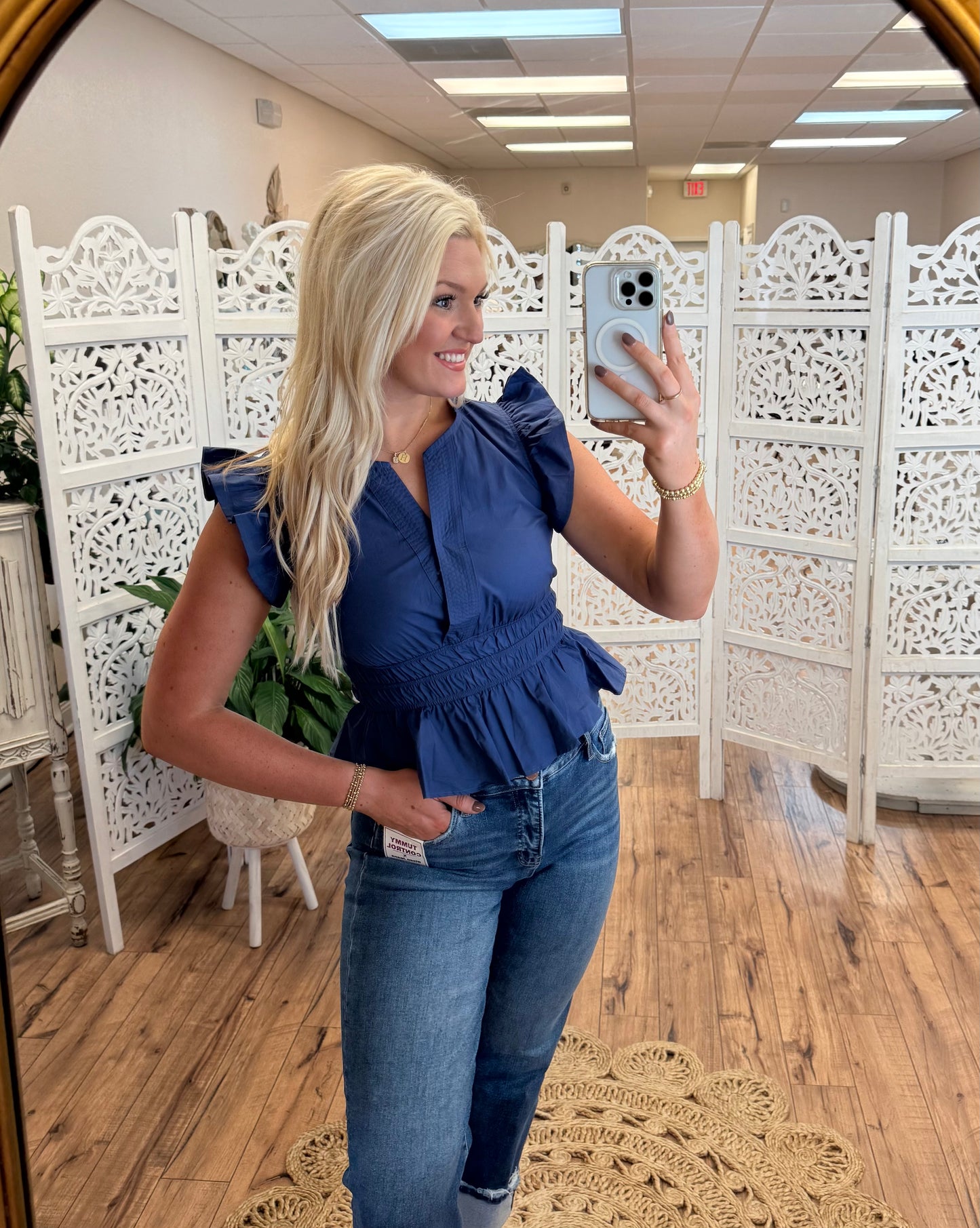 Navy Ruffle Top