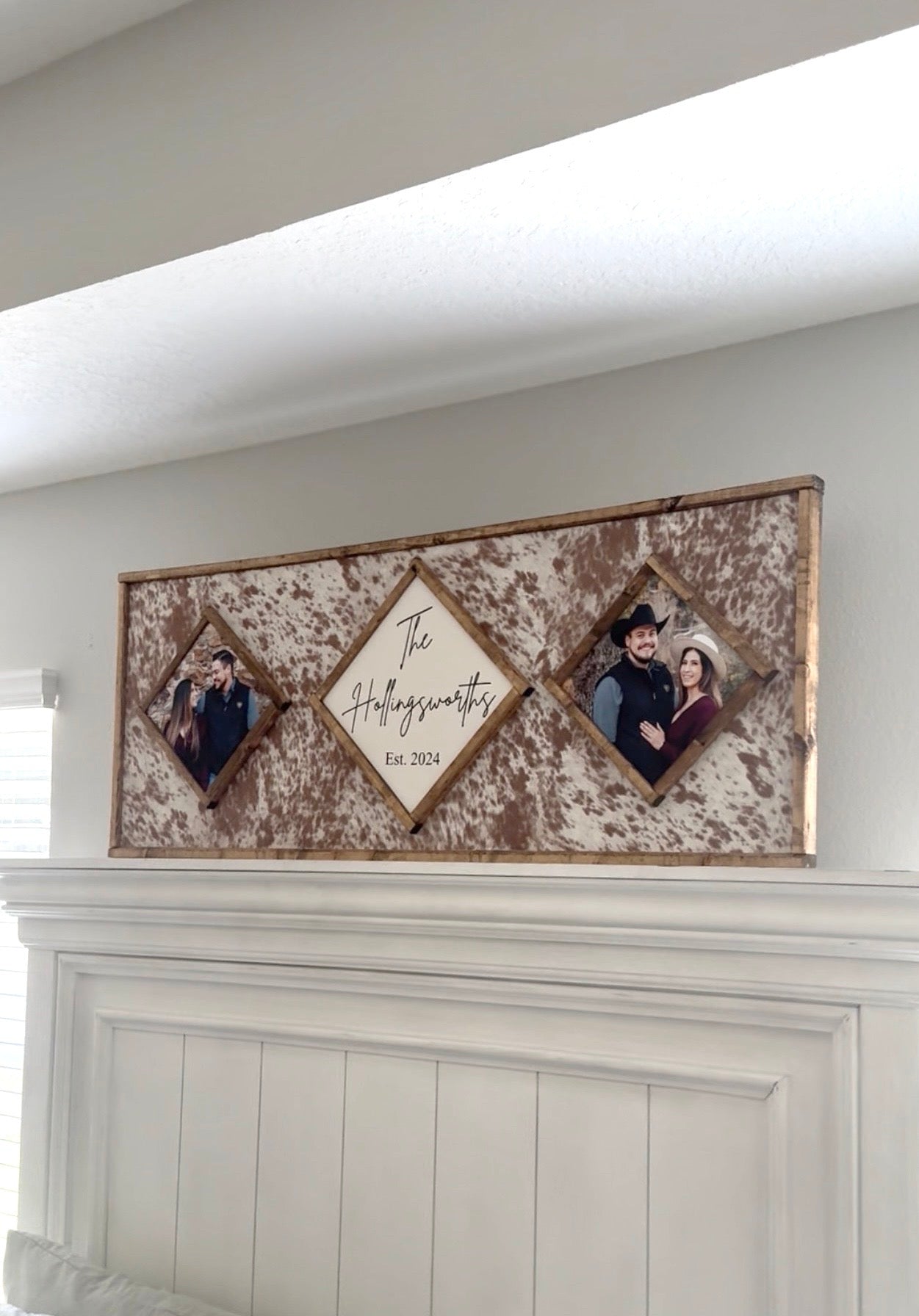 Cowhide photo/last name wooden sign - Cowhide Sign
