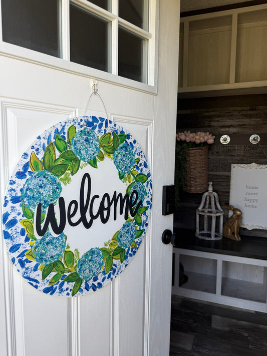 Welcome front door sign - hydrangea