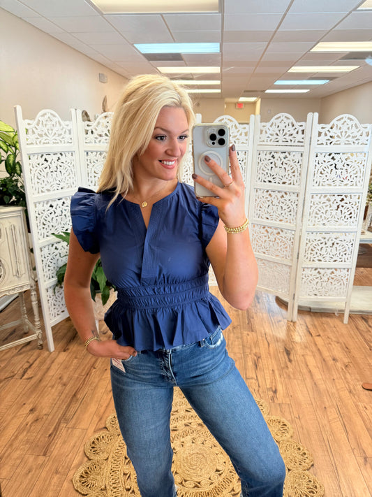 Navy Ruffle Top
